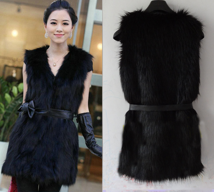 2012 Winter NEW!  Womens Vintage retro Trend Celeb Black Faux fox Fur Long Vest waistcoat