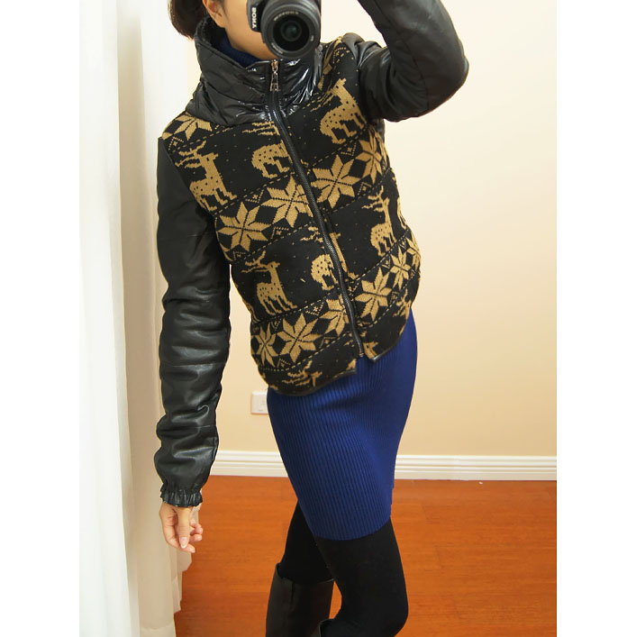 2012 winter onta knitted PU patchwork zipper thermal thick wadded jacket cotton-padded jacket