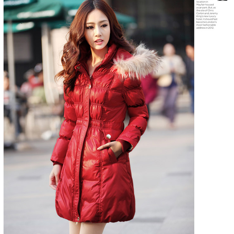 2012 winter outerwear women's OL outfit fashion slim solid color red long design down coat 2200