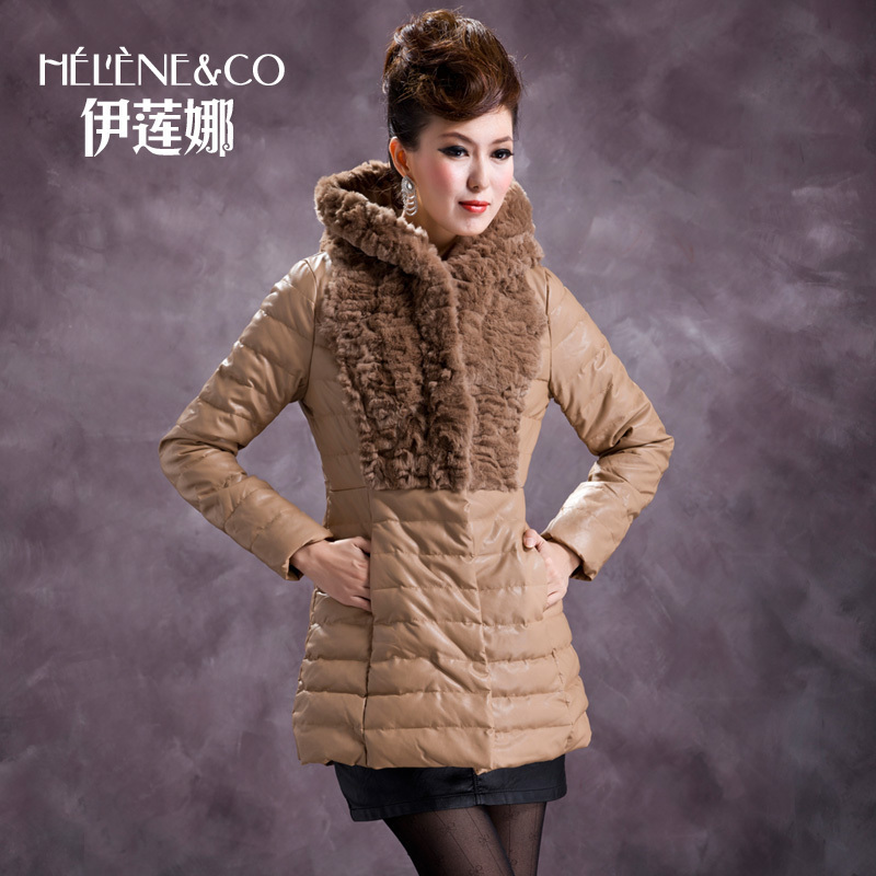 2012 winter PU leather rex rabbit hair women's medium-long down coat female a102338