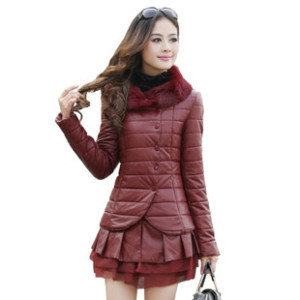 2012 winter PU medium-long wadded jacket women's slim fur collar thermal cotton-padded jacket