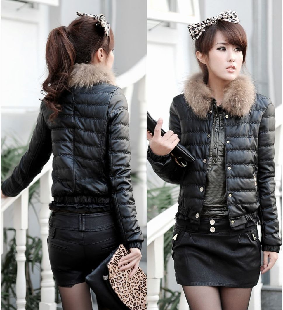 2012 winter PU  short design cotton-padded  jacket for woman ,fur collar  Two color 5 size Plus size