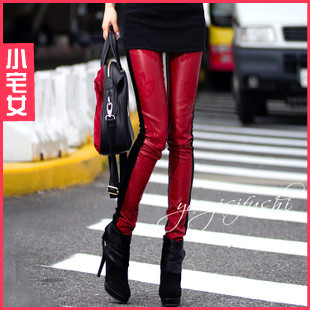 2012 winter purplish red butterfly embroidery leather black velvet legging skinny pants