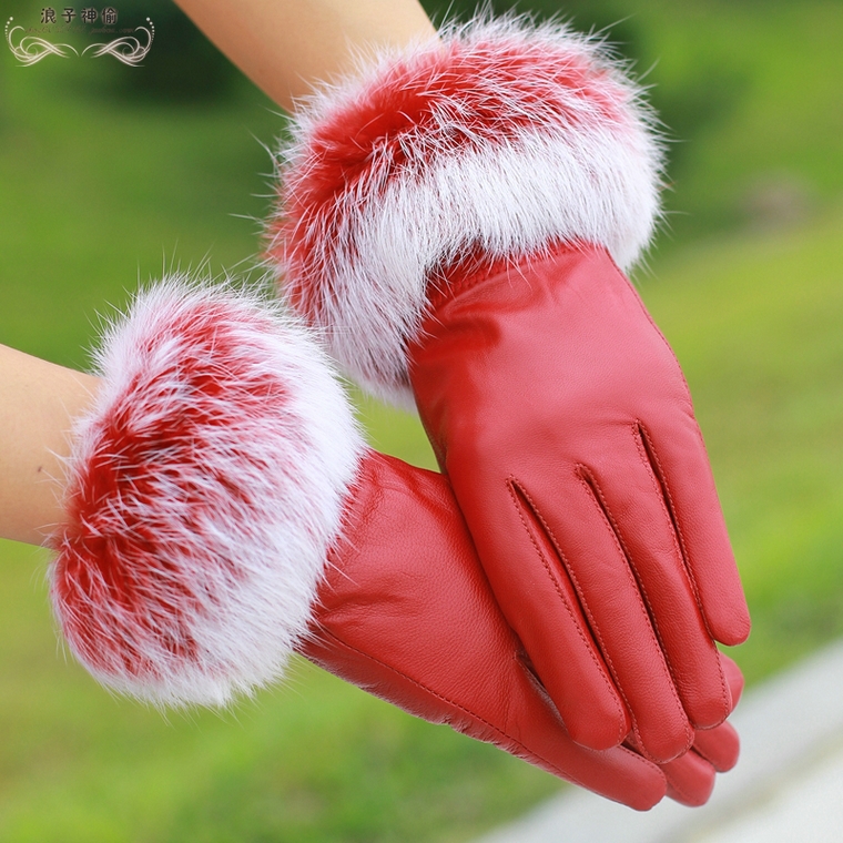 2012 winter rabbit fur gloves women's plus velvet thickening thermal sheepskin genuine leather gloves