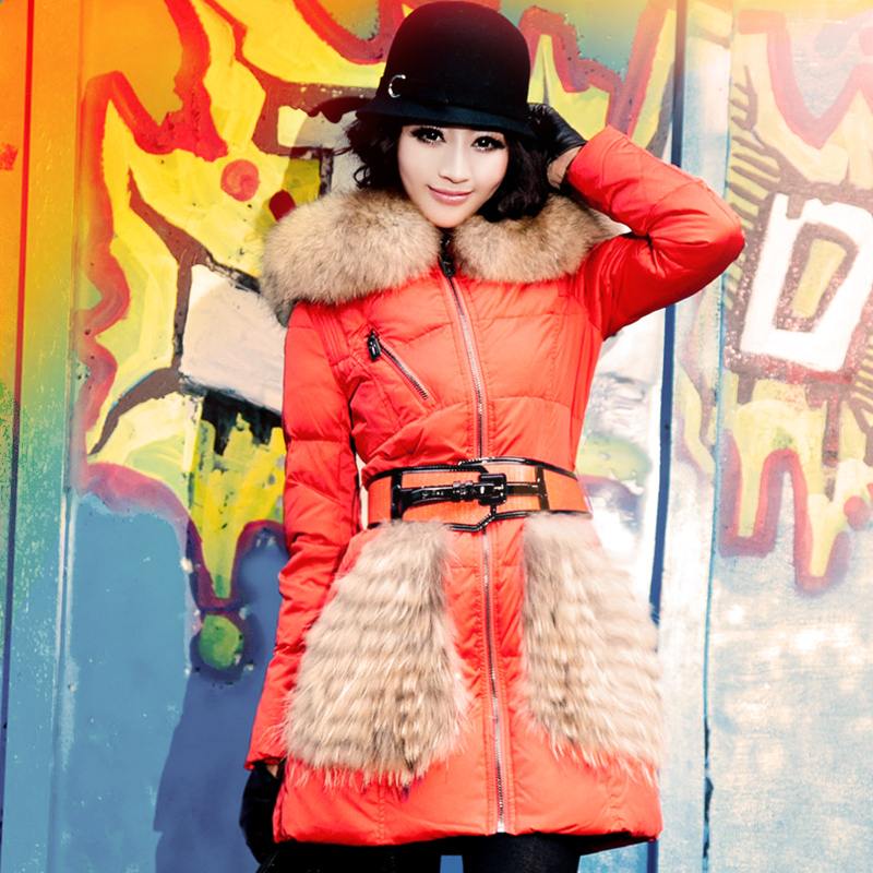 2012 winter raccoon fur medium-long slim belt hat female down coat down coat