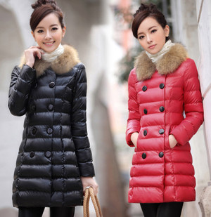 2012 winter raccoon fur PU wadded jacket female slim medium-long 8213-1-1231-p160