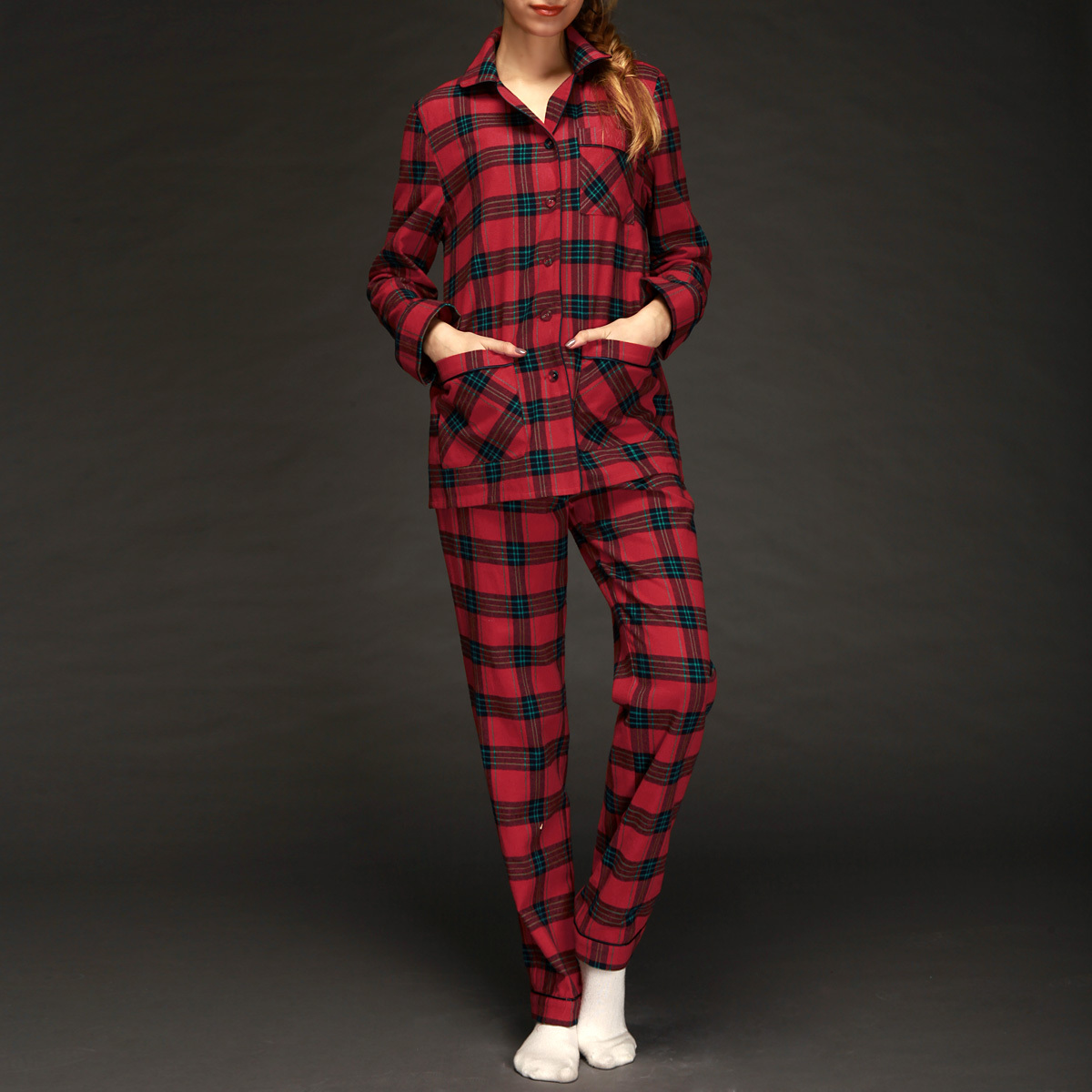2012 winter red 100% cotton plaid laciness o-neck sleepwear female yp7294