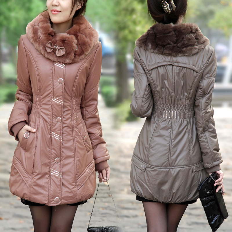 2012 winter slim fur collar medium-long thickening cotton-padded PU wadded jacket outerwear plus size cotton-padded jacket