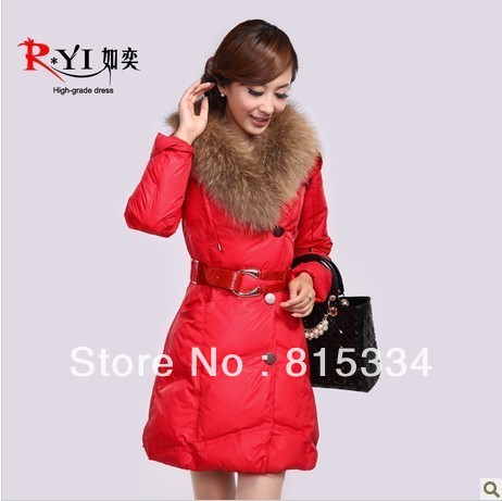 2012 winter slim large fur collar medium-long down coat /cotton-padded plus size down jacket free shipping Red, Army green,black