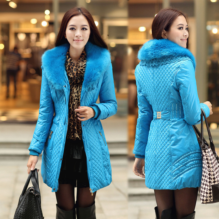 2012 winter slim waist slim elegant large fur collar long design genuine leather wadded jacket cotton-padded jacket outerwear