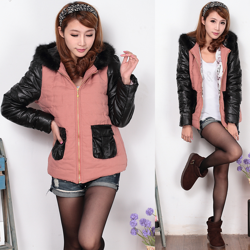 2012 winter slim winter outerwear hooded cotton-padded jacket faux leather patchwork wadded jacket female outerwear