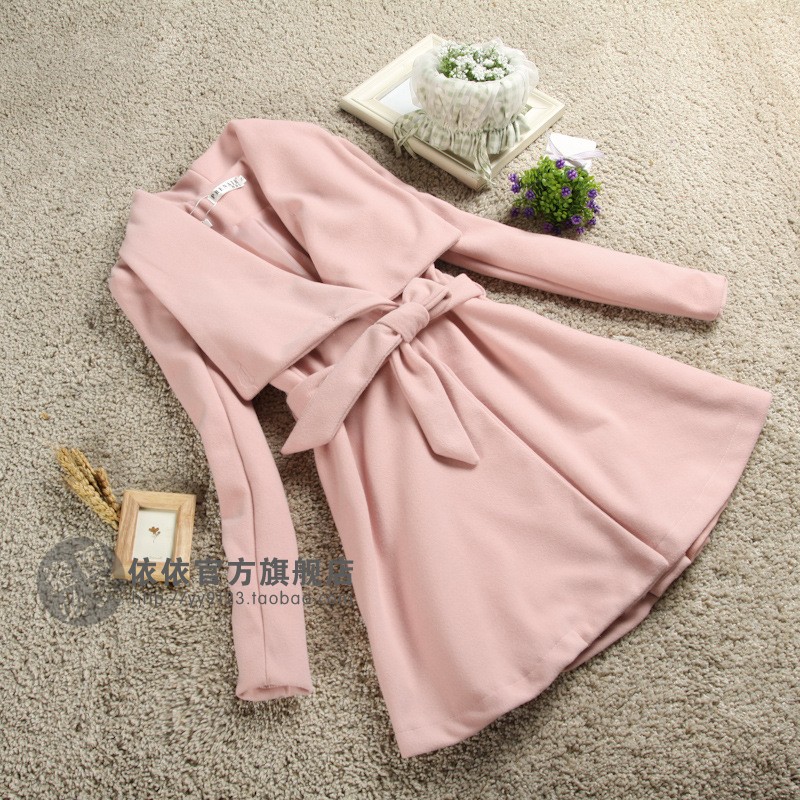 2012 winter sweet elegant nude color turn-down collar slim belt trench overcoat outerwear Free Shipping