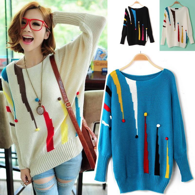 2012 winter sweet fashion multicolour stripe loose plus size long-sleeve sweater