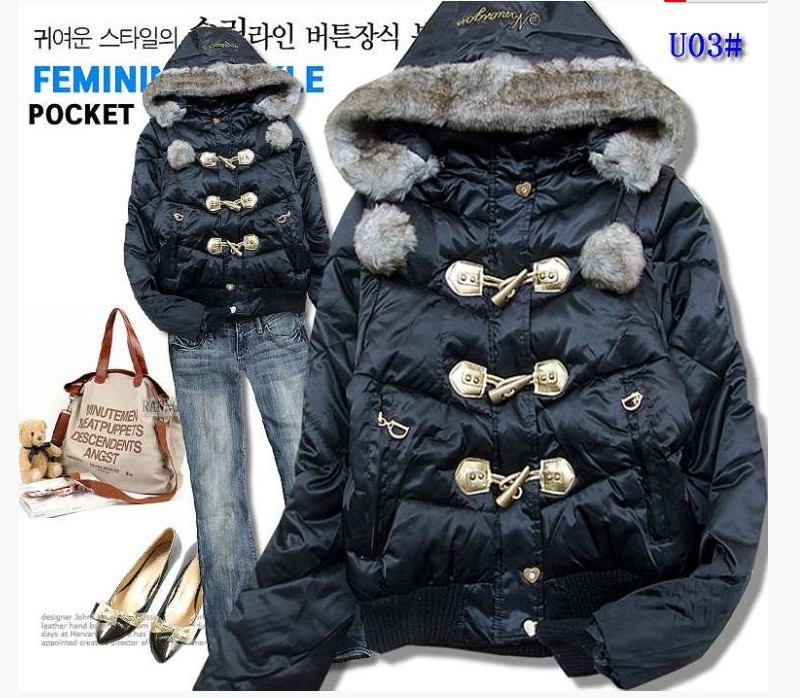 2012 winter sweet princess horn button with a hood fur collar slim thickening down coat short design women's