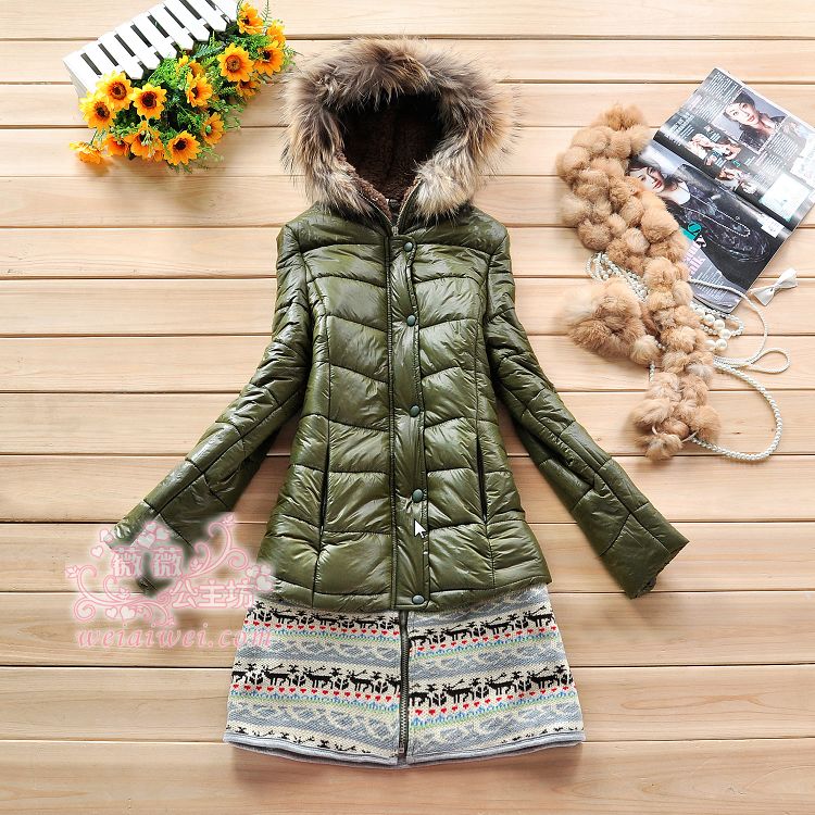 2012 winter sweet with a hood mink onta decorative pattern sweep zipper medium-long wadded jacket outerwear 55429