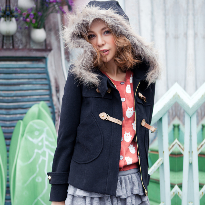 2012 winter sweet women's leather buckle on hooded woolen overcoat woolen outerwear female short design