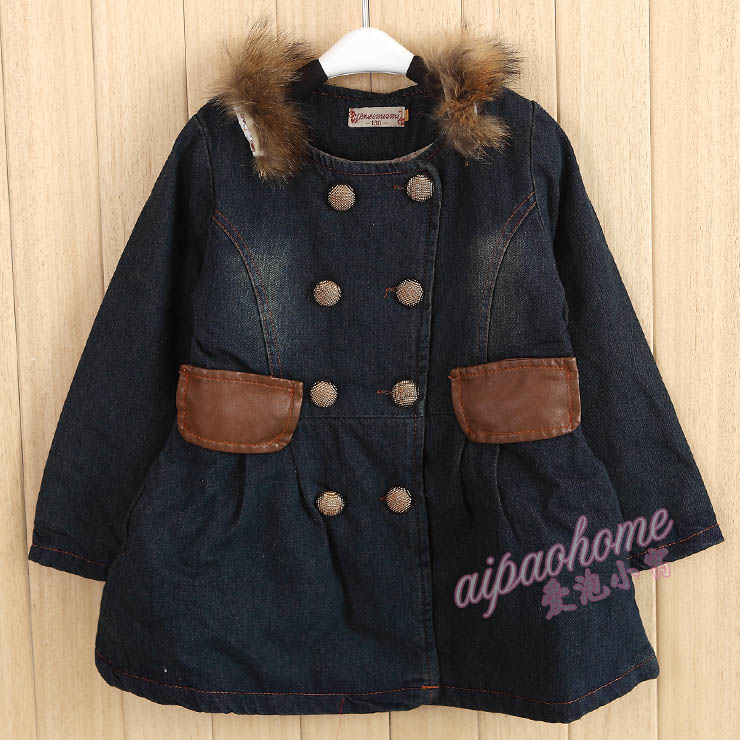 2012 winter thickening fashion all-match denim double breasted tunic long design outerwear female child trench children's