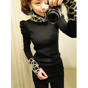 2012 winter turtleneck liangsi crochet puff sleeve basic sweater women's basic t