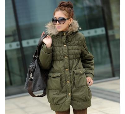 2012 winter wadded jacket women's slim raccoon large fur collar Army Green tooling cotton-padded jacket long design wadded