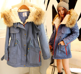 2012 winter with a hood large fur collar drawstring thickening thermal medium-long wadded jacket cotton-padded jacket