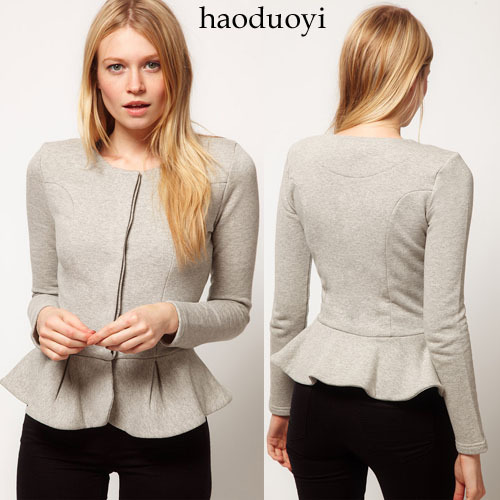 2012 winter Women fashion casual Ruffle sweep Light gray long-sleeve short design outerwear slim pencil jacket,XS-XXL,