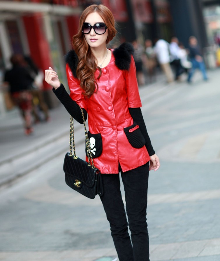 2012 winter women outerwear medium-long slim double breasted patchwork thick wadded jacket leather clothing