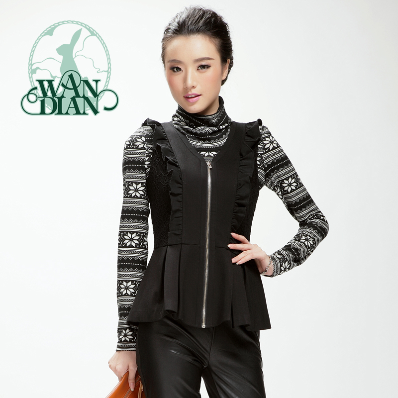 2012 winter women's black slim lace ruffle knitted vest 1114074