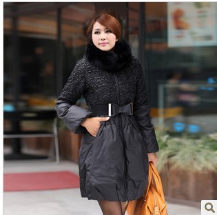 2012 Winter women's elastic fox fur collar down jacket/ thickening thermal medium-long down coat free shipping blue, black,khaki