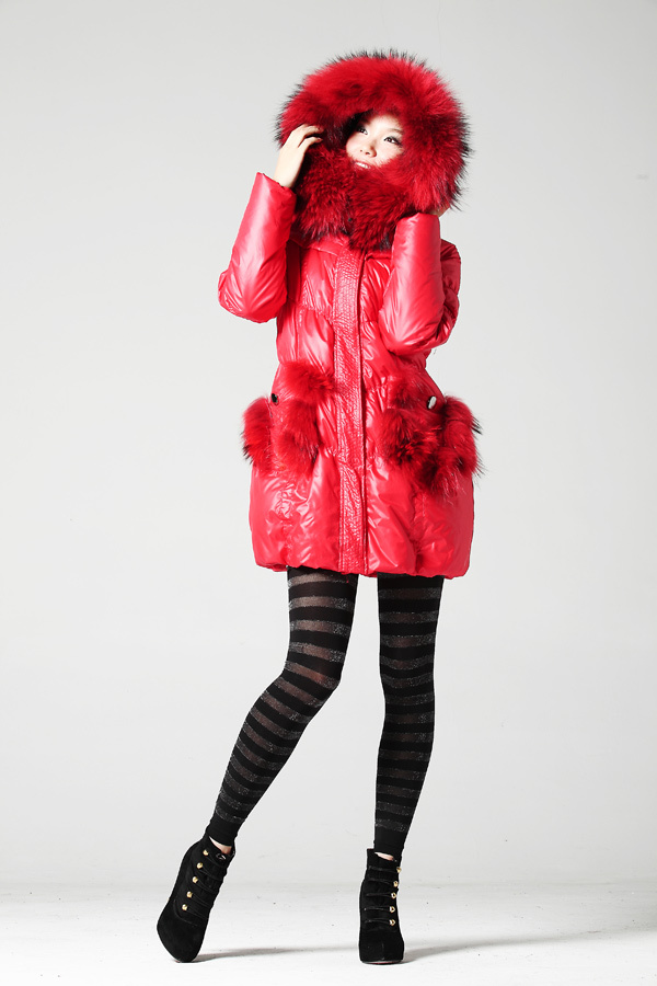 2012 winter women's fashion belt slim waist fox fur thermal large fur collar long design down coat free shipping