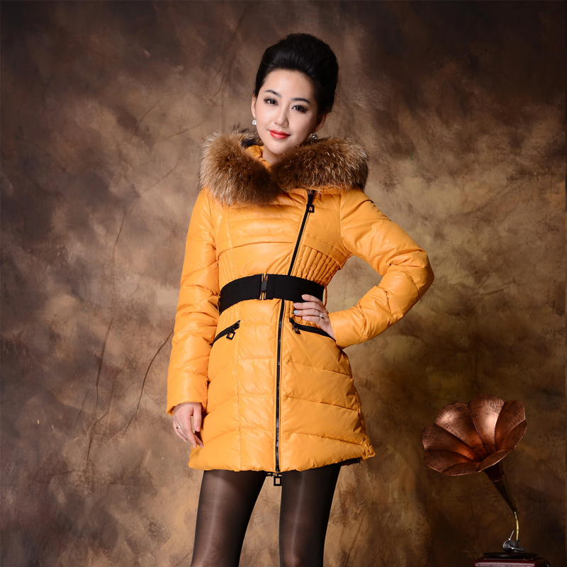 2012 winter women's fashion quality elegant slim wool collar thermal down coat with belt free shipping