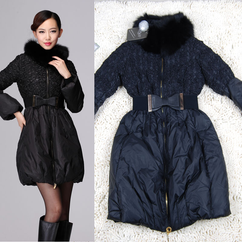 2012 winter women's fashion rabbit fur slim medium-long down coat with belt free shipping