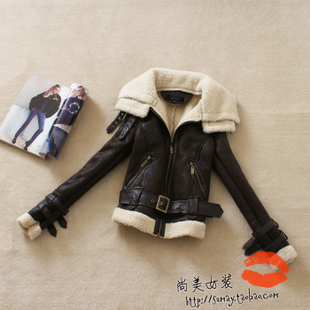 2012 winter women's full plush lining double layer turn-down collar belt slim leather clothing 2