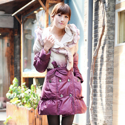 2012 winter women's gradient color rex rabbit hair lacing design long down coat outerwear female