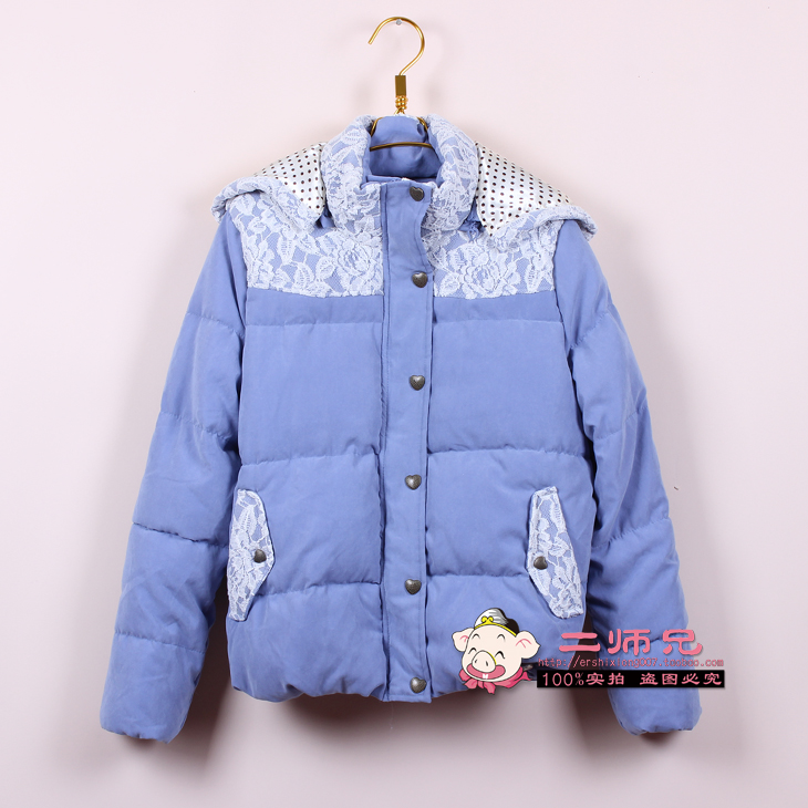 2012 winter women's lace patchwork detachable cap heart button short design wadded jacket outerwear