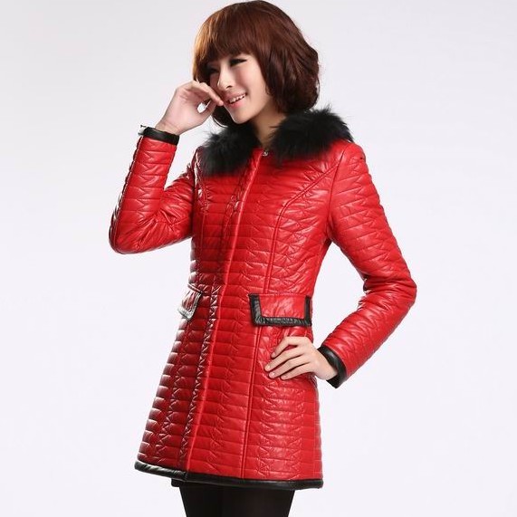 2012 winter women's leather wadded jacket fur collar leather clothing leather wadded jacket medium-long leather overcoat