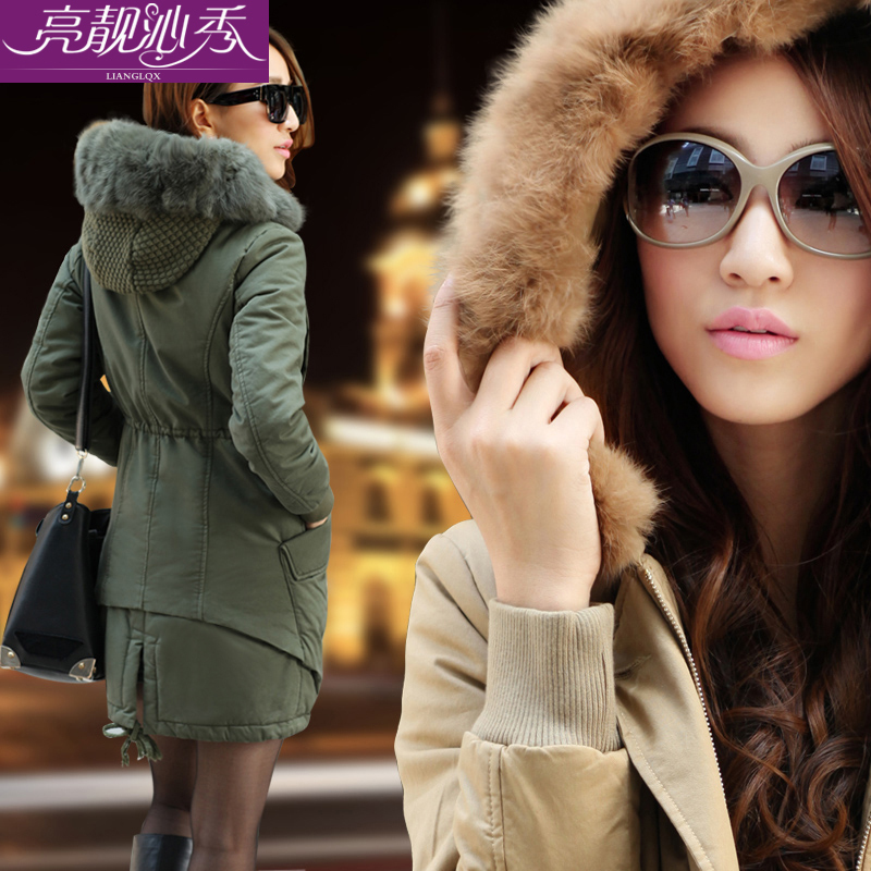 2012 winter women's long design rex rabbit hair slim wadded jacket female outerwear wadded jacket cotton-padded jacket female