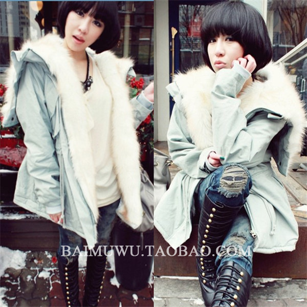 2012 winter women's luxury big caps pastel green thickening cotton-padded jacket outerwear overcoat free shipping