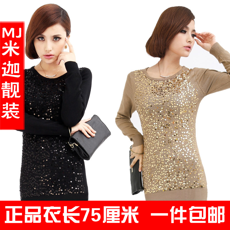 2012 winter women's medium-long slim paillette o-neck long-sleeve sweater slim hip basic sweater