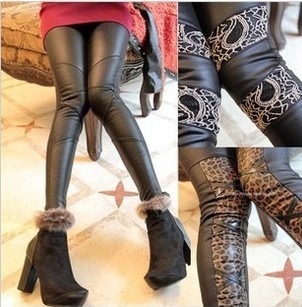 2012 winter women's mushroom faux leather leopard print zipper add velvet legging W27S