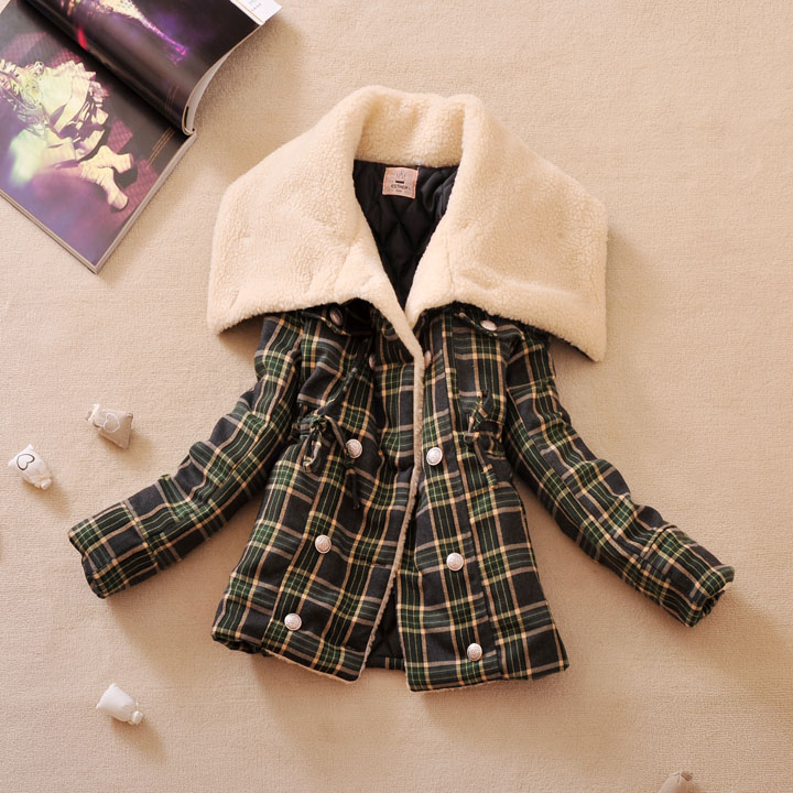 2012 winter women's outerwear vintage plaid berber fleece large lapel double breasted wadded jacket cotton-padded jacket