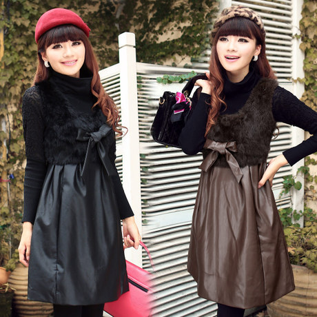 2012 winter women's plus size leather skirt one-piece dress rabbit fur patchwork genuine leather female skirt suspender skirt