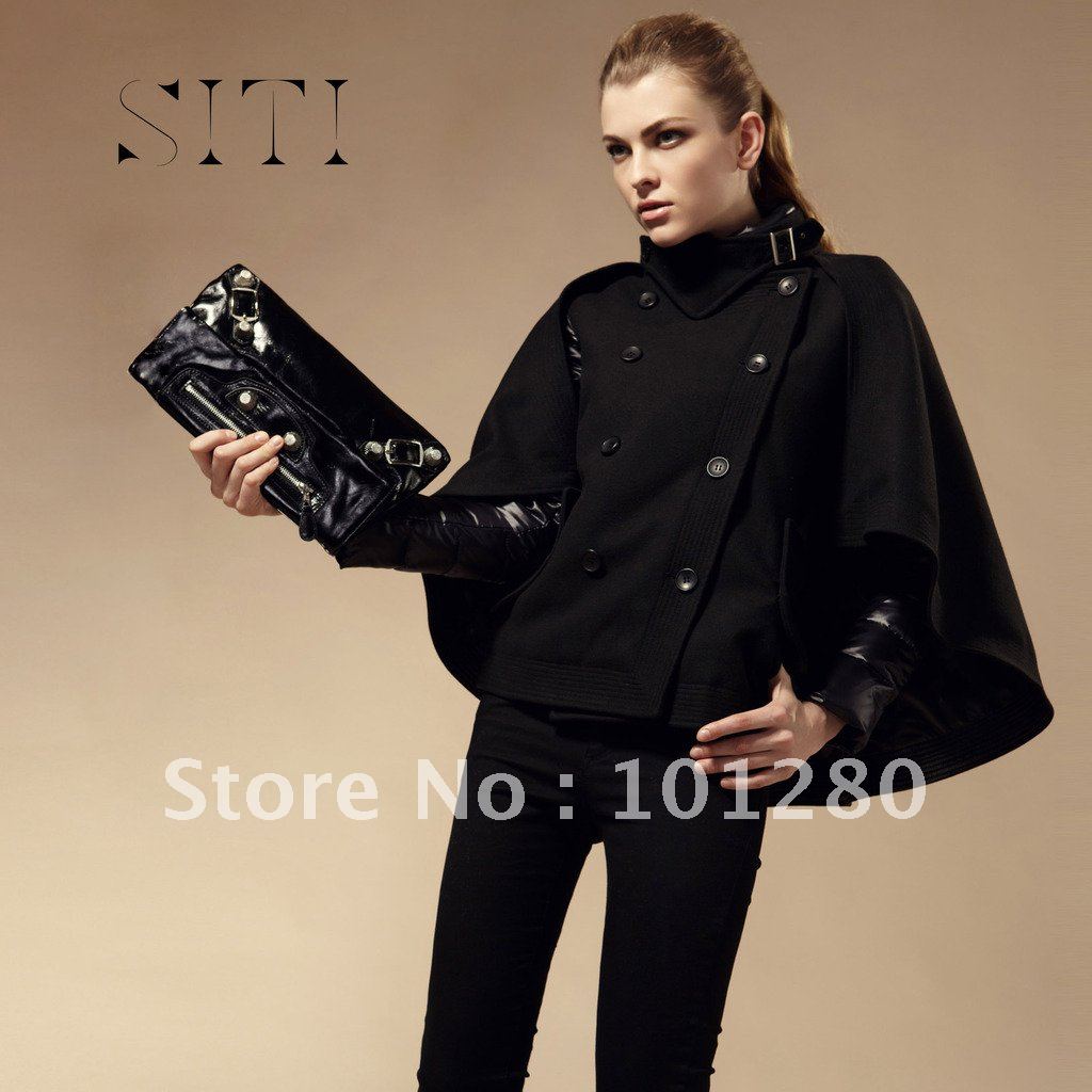 2012 winter women's siti fashion woolen poncho down coat black