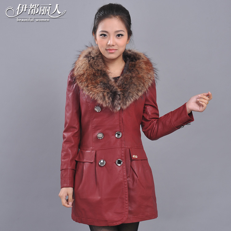 2012 winter women's slim raccoon fur PU water washed leather plus cotton leather clothing 1209