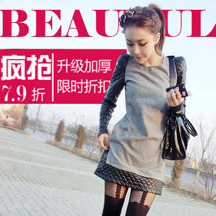 2012 winter women's winter one-piece dress patchwork leather shoulder pads long-sleeve loose woolen one-piece dress