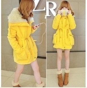 2012  winter women skin color candy bright yellow drawstring thickening long design cotton-padded jacket