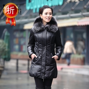 2012 winter wool collar cap genuine sheepskin leather down coat outerwear clothing