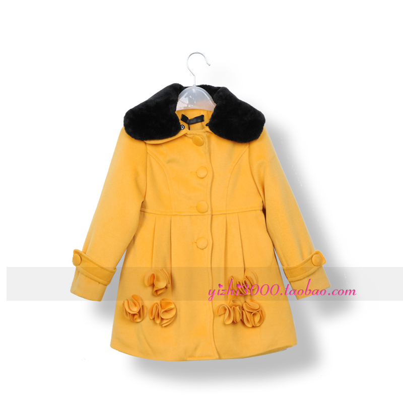 2012 winter yellow black fur collar sweep three-dimensional small flower female child trench thickening cotton-padded overcoat