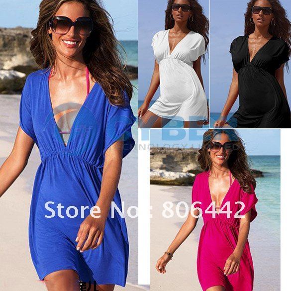 2012 Women Beachwear Sexy V Neck  Nylon Swimwear Bikini Cover Up Beach Dress Free Shipping