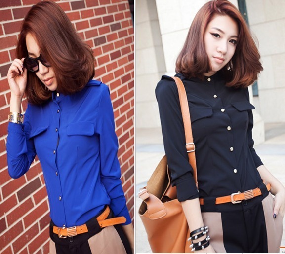 2012 Women exquisite brief small stand collar epaulette gold buckle slim female shirt long-sleeve shirt