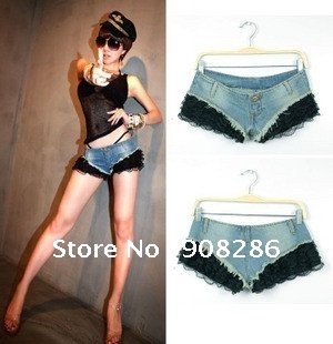 2012 women fashion and sexy lace split joint and super low-waist jean shorts/ free shipping